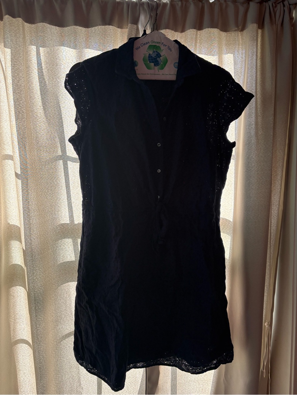Black Button-Front Short Sleeve Tunic Dress